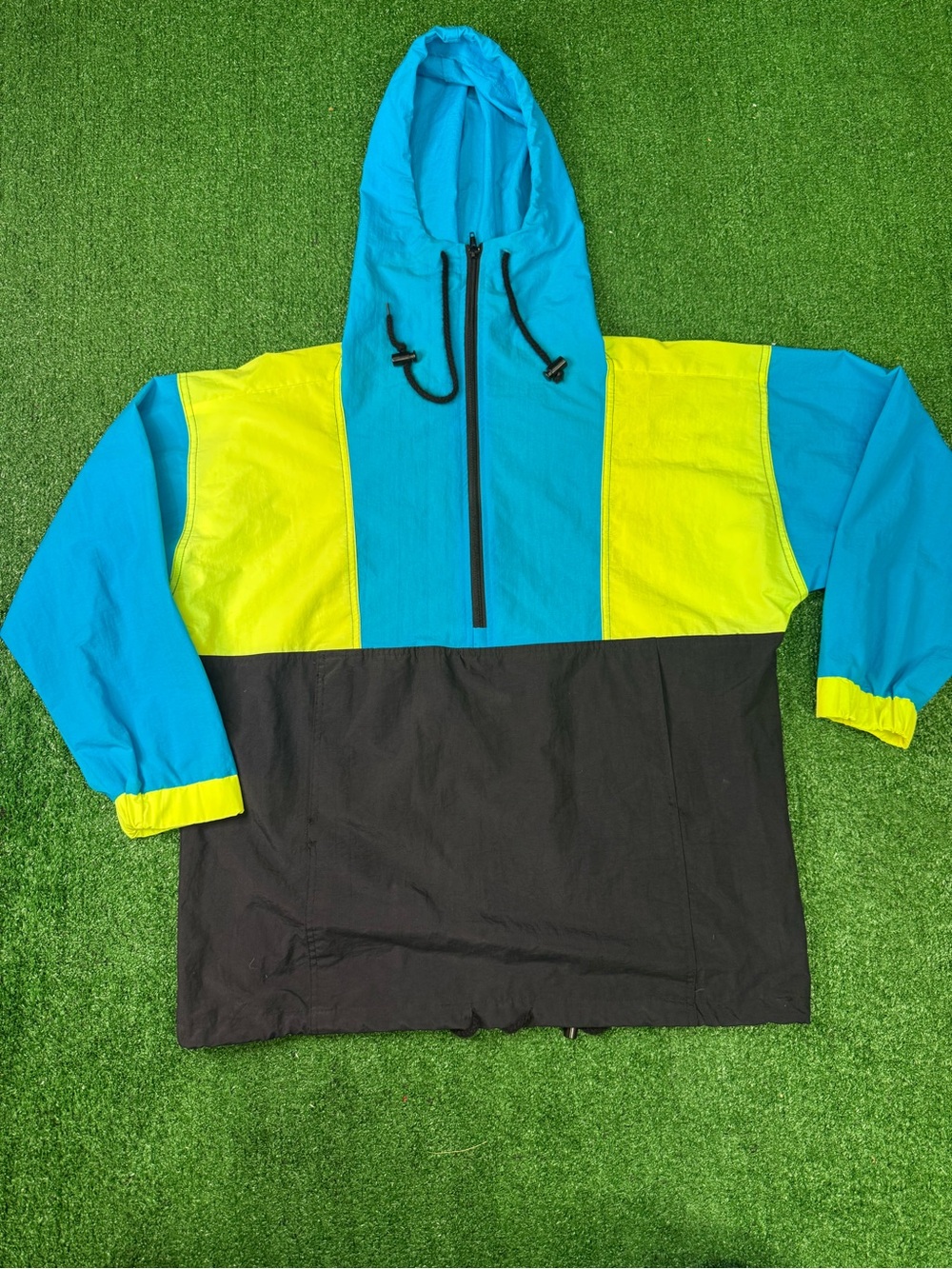 Vintage 80s Windbreaker Active Elements Men's LARGE Jacket Neon Blue & Black